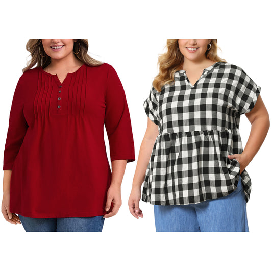 [PACK SALES] Women's Plus Size 2 Pieces Pleated Notched V Neck 3/4 Sleeves Henley Button Decor Tunic Tops Plaid Peplum Blouses