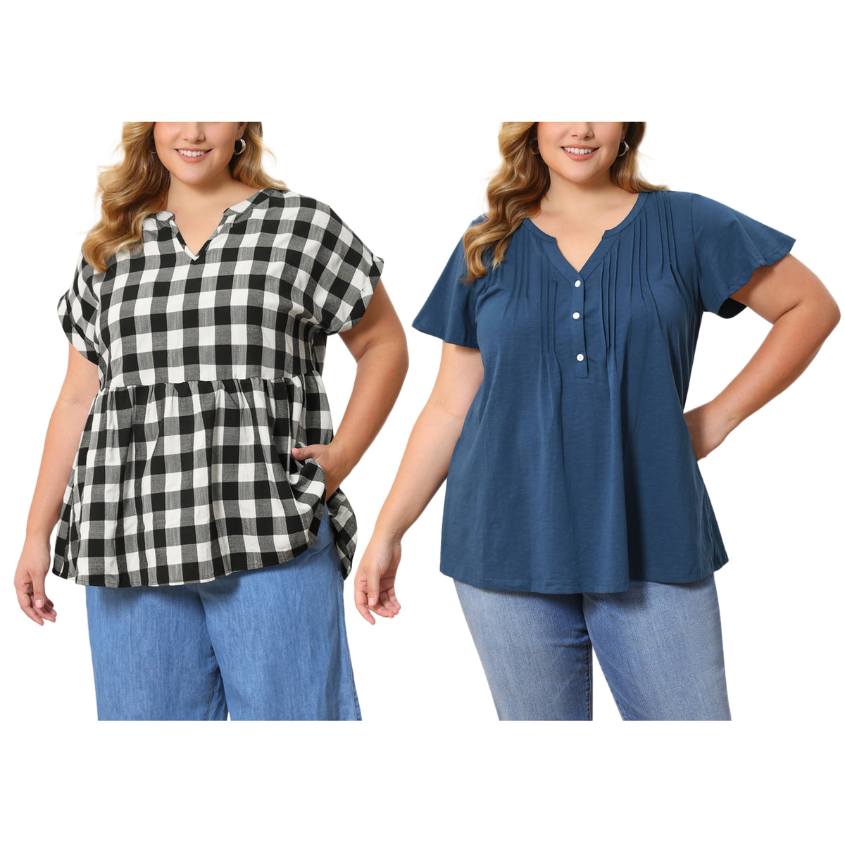 [PACK SALES] Women's Plus Size 2 Pieces Tops Pintuck Front Short Sleeves Notch V Neck Blouses