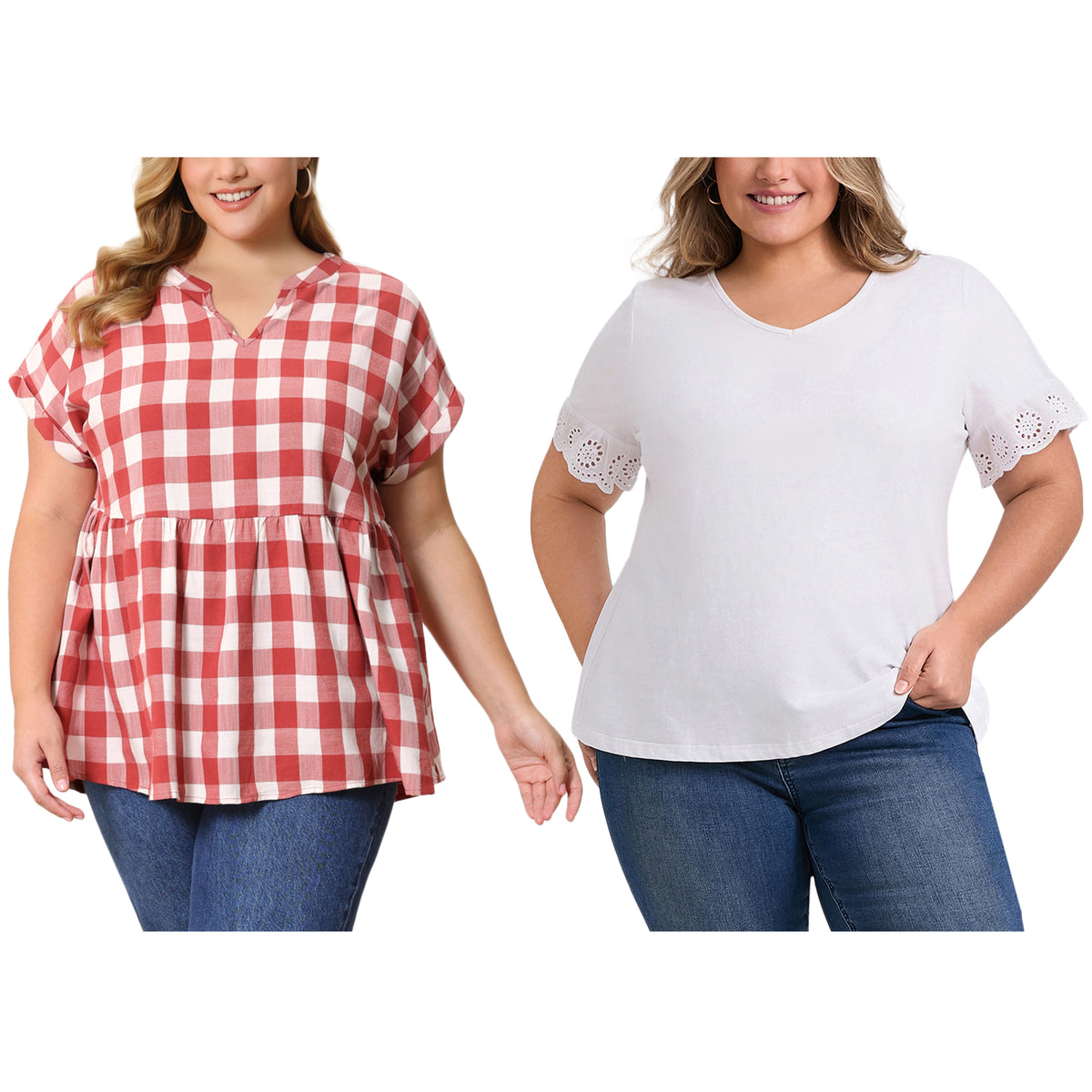 [PACK SALES] Women's Plus Size 2 Pieces Tops V Neck Eyelet Embroidered Lace Short Sleeves Blouses