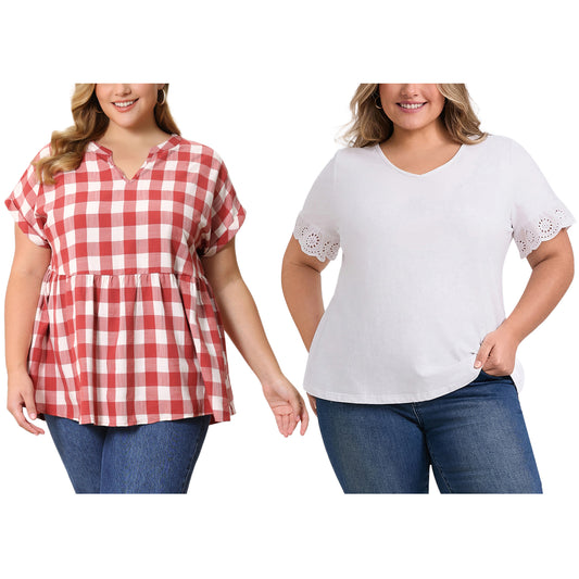 [PACK SALES] Women's Plus Size 2 Pieces Tops V Neck Eyelet Embroidered Lace Short Sleeves Blouses