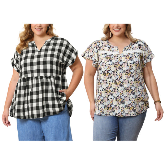 [PACK SALES] Women's Plus Size 2 Pieces Printed Blouse Notch V Neck Short Sleeves Summer Casual Tops