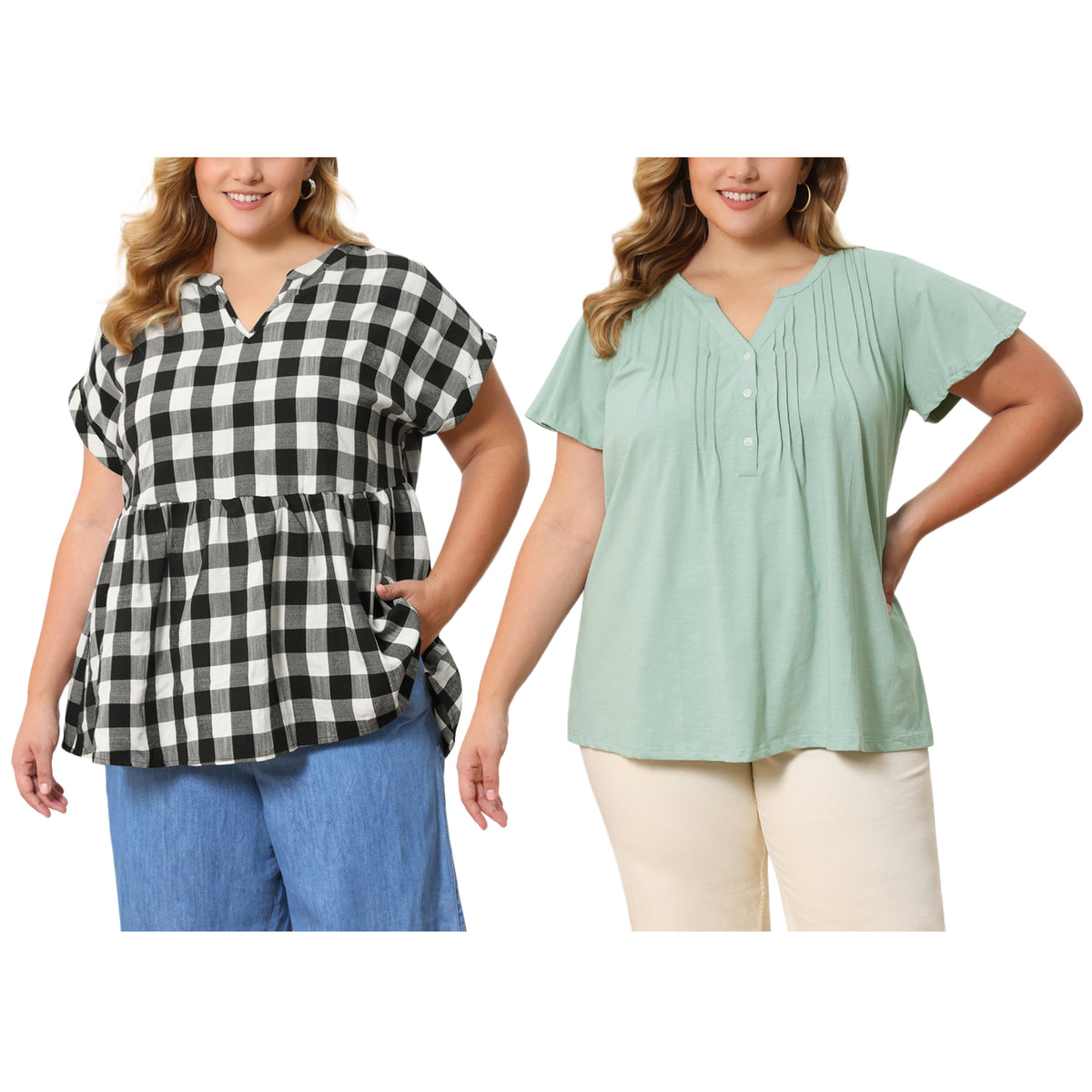 [PACK SALES] Women's Plus Size 2 Pieces Tops Pintuck Front Short Sleeves Notch V Neck Blouses