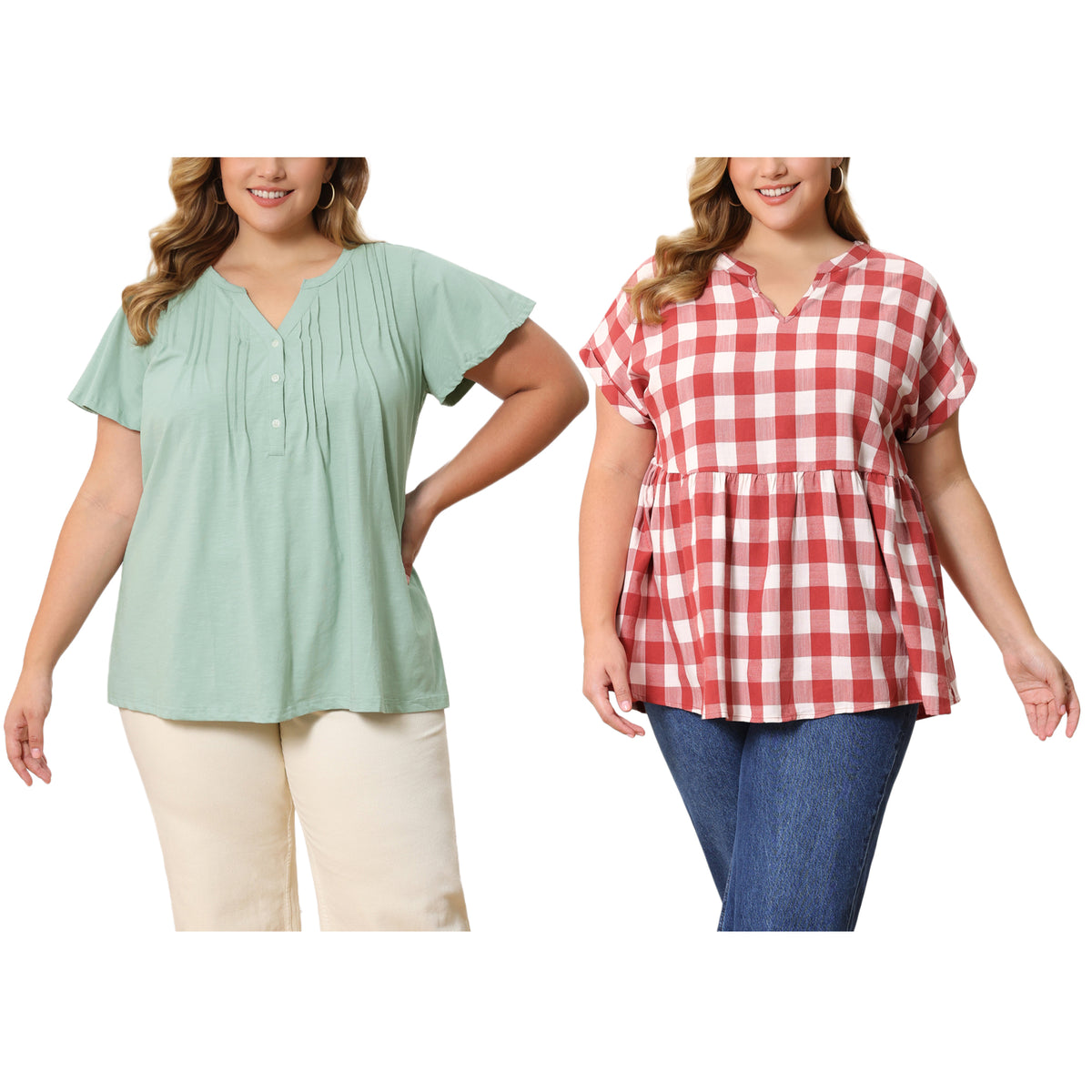 [PACK SALES] Women's Plus Size 2 Pieces Tops Pintuck Front Short Sleeves Notch V Neck Blouses