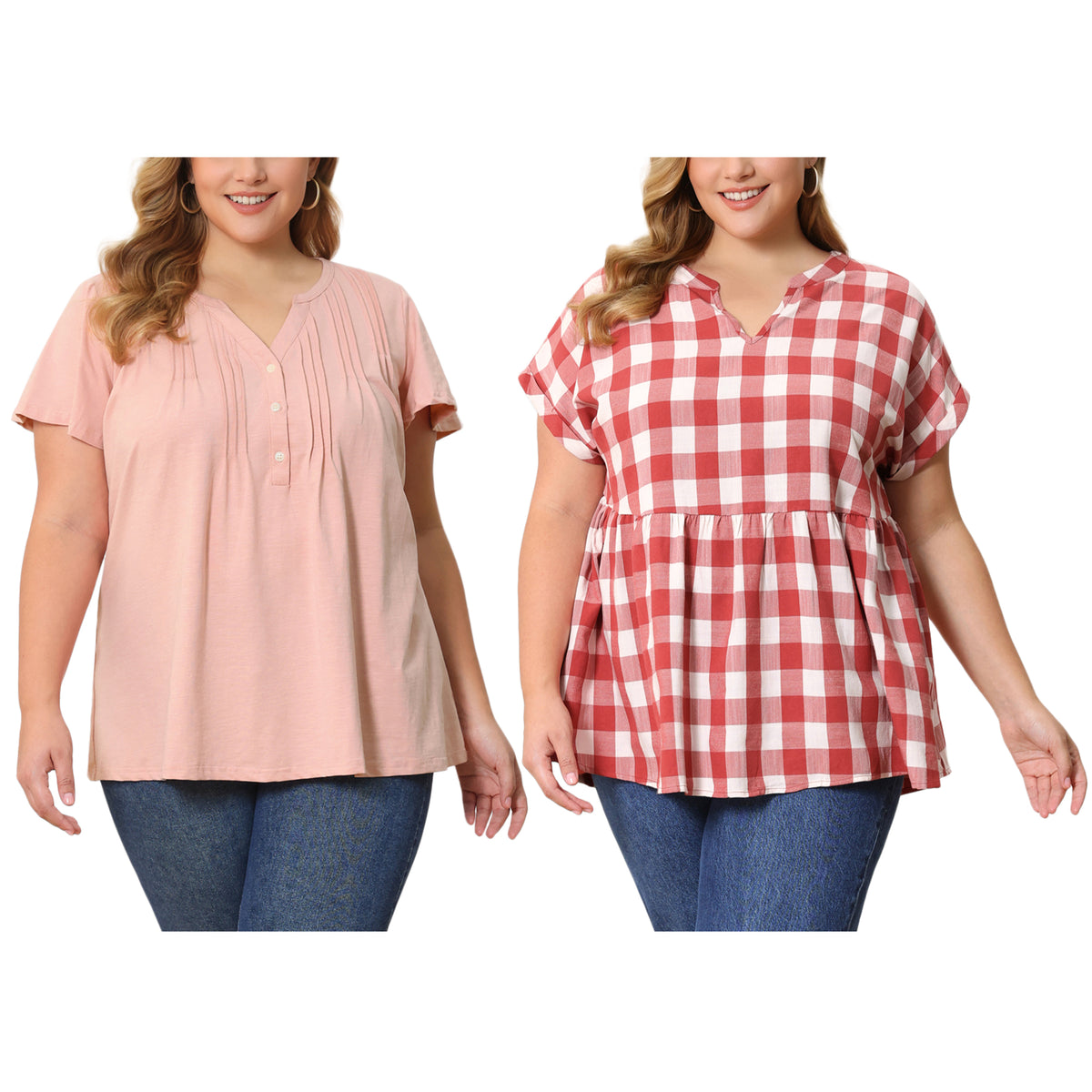 [PACK SALES] Women's Plus Size 2 Pieces Tops Pintuck Front Short Sleeves Notch V Neck Blouses