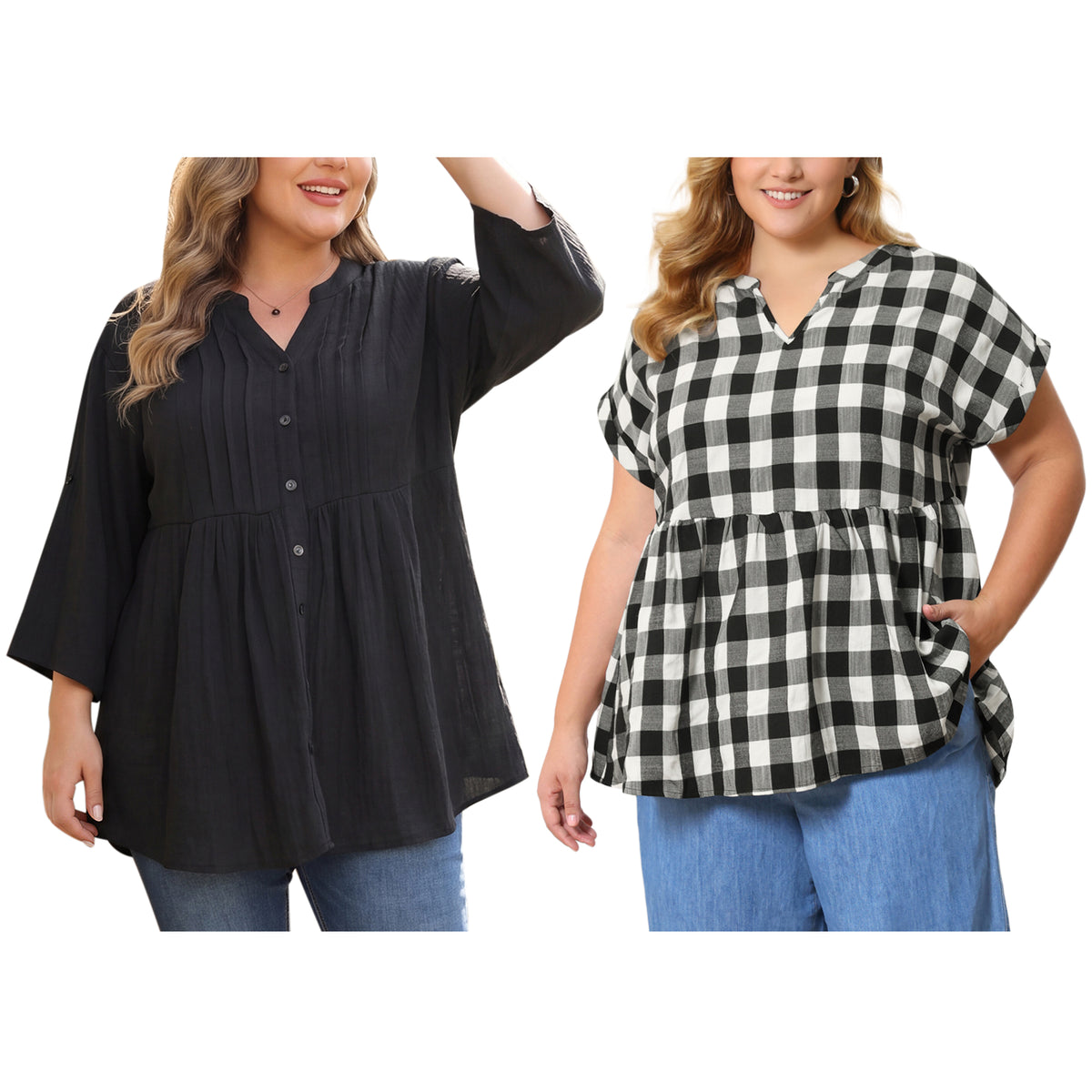 [PACK SALES] Women's Plus Size 2 Pieces Tops 3/4 Sleeves Button Down Textured Pintuck Shirts Notch V Neck Plaid Peplum Blouse