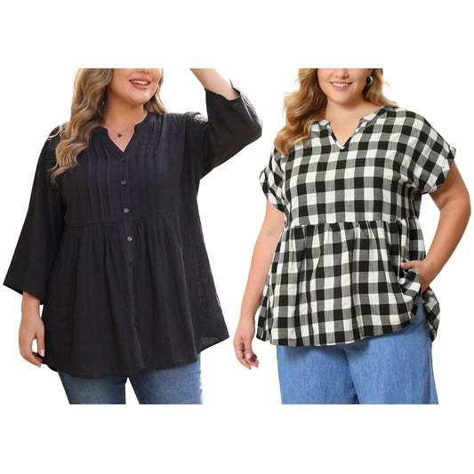 [PACK SALES] Women's Plus Size 2 Pieces Tops 3/4 Sleeves Button Down Textured Pintuck Shirts Notch V Neck Plaid Peplum Blouse