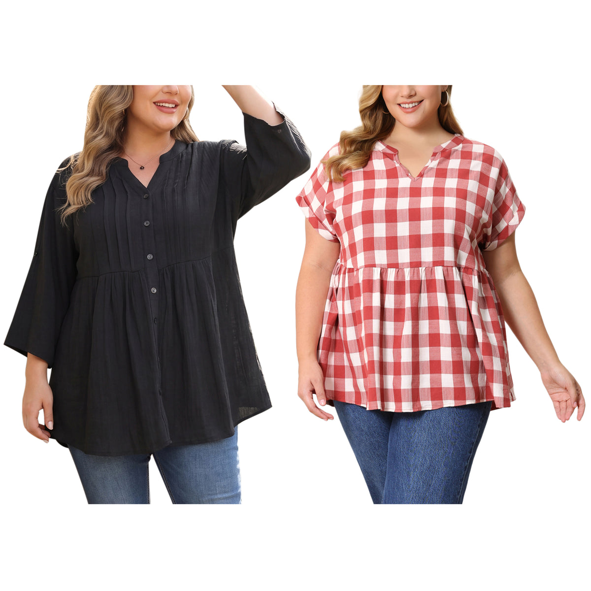 [PACK SALES] Women's Plus Size 2 Pieces Tops 3/4 Sleeves Button Down Textured Pintuck Shirts Notch V Neck Plaid Peplum Blouse
