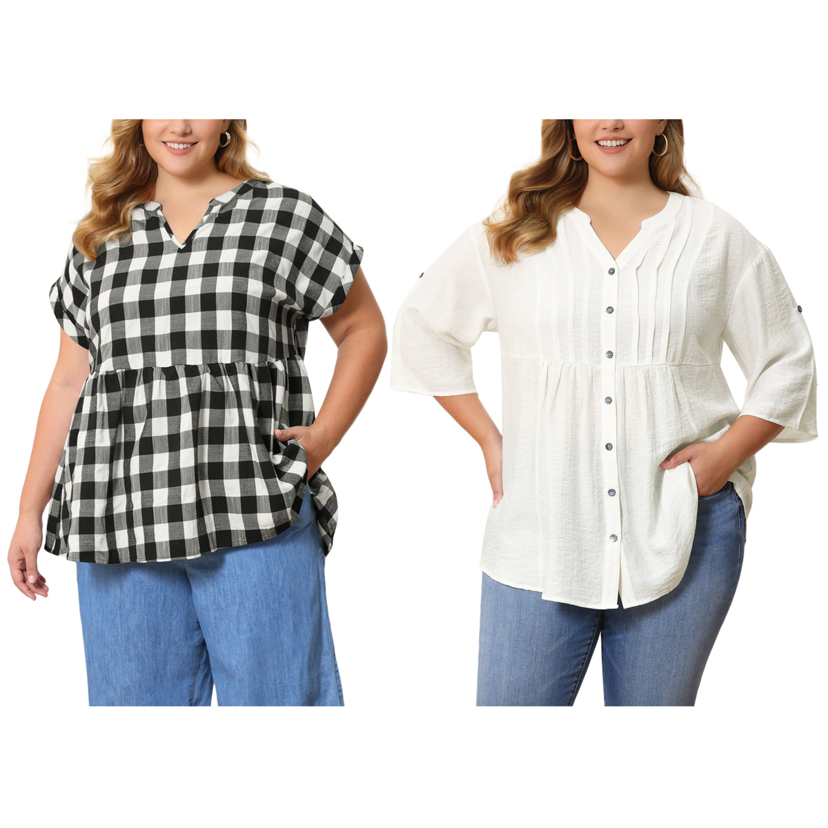 [PACK SALES] Women's Plus Size 2 Pieces Tops 3/4 Sleeves Button Down Textured Pintuck Shirts Notch V Neck Plaid Peplum Blouse