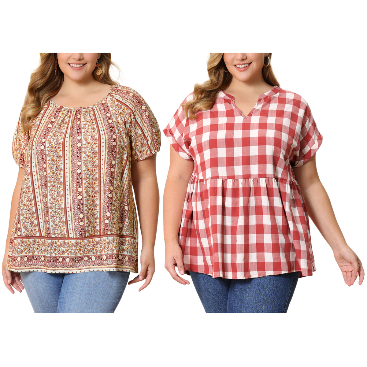 [PACK SALES] Women's Plus Size 2 Pieces Summer Tops Boho Floral Round Neck Vacation and Plaid Notched V-Neck Blouse