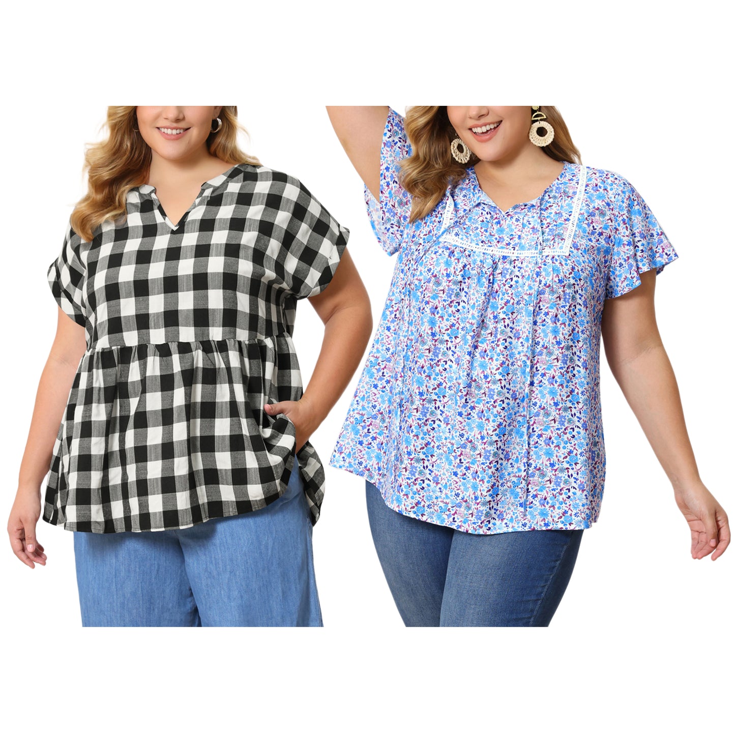 [PACK SALES] Women's Plus Size 2 Pieces Blouse Pleats and Pintucked Trim Front Tie Neck Tops Short Sleeves Summer Blouses