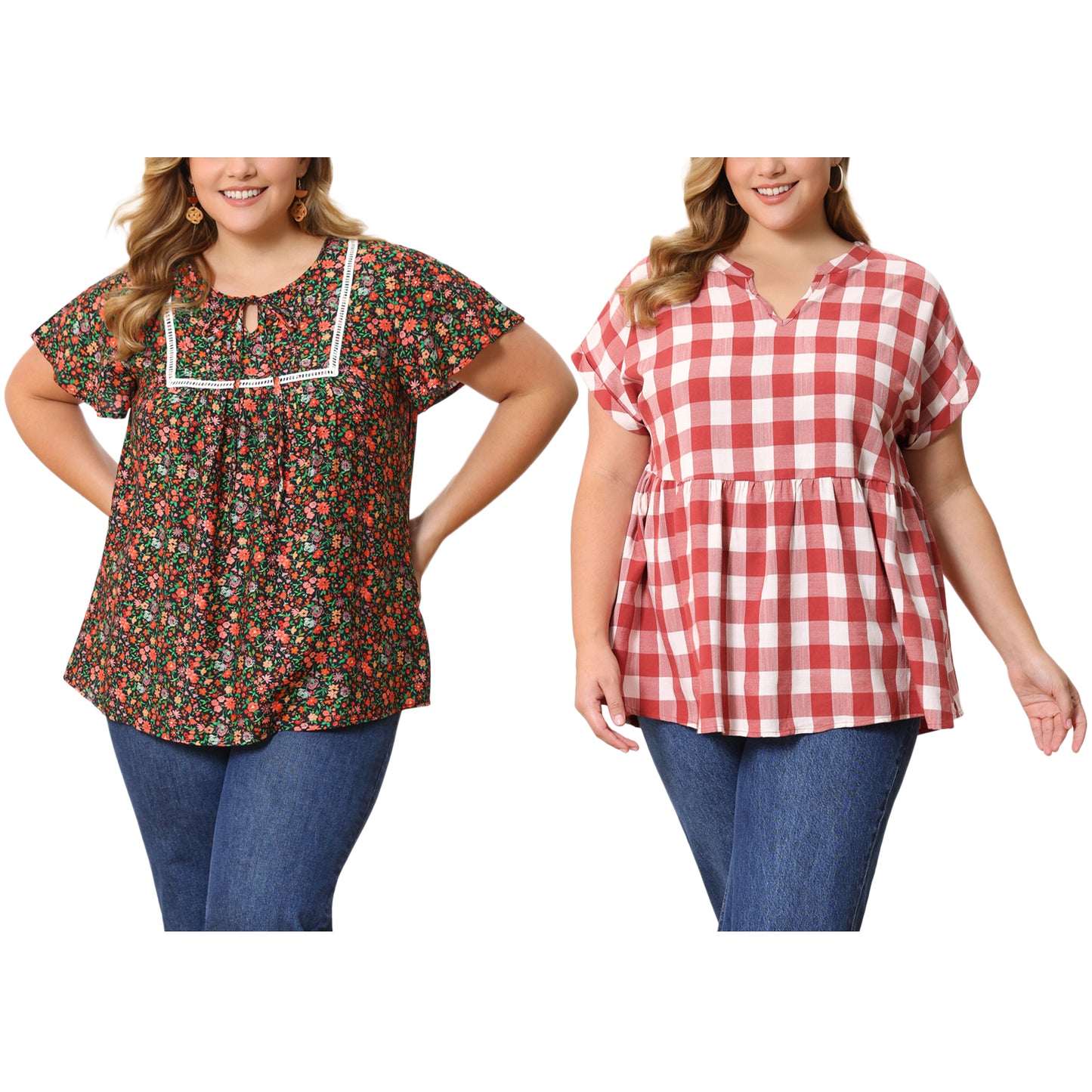 [PACK SALES] Women's Plus Size 2 Pieces Blouse Pleats and Pintucked Trim Front Tie Neck Tops Short Sleeves Summer Blouses