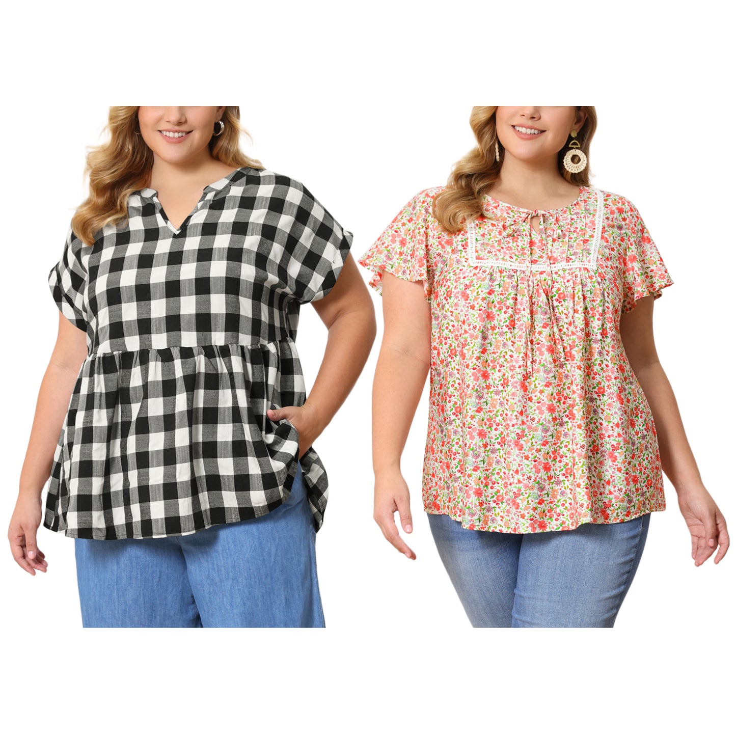[PACK SALES] Women's Plus Size 2 Pieces Blouse Pleats and Pintucked Trim Front Tie Neck Tops Short Sleeves Summer Blouses