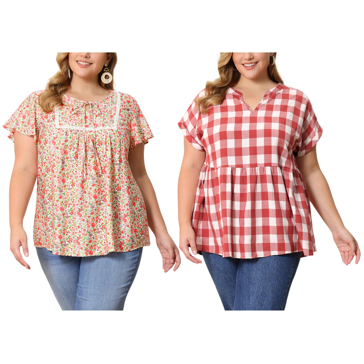 [PACK SALES] Women's Plus Size 2 Pieces Blouse Pleats and Pintucked Trim Front Tie Neck Tops Short Sleeves Summer Blouses