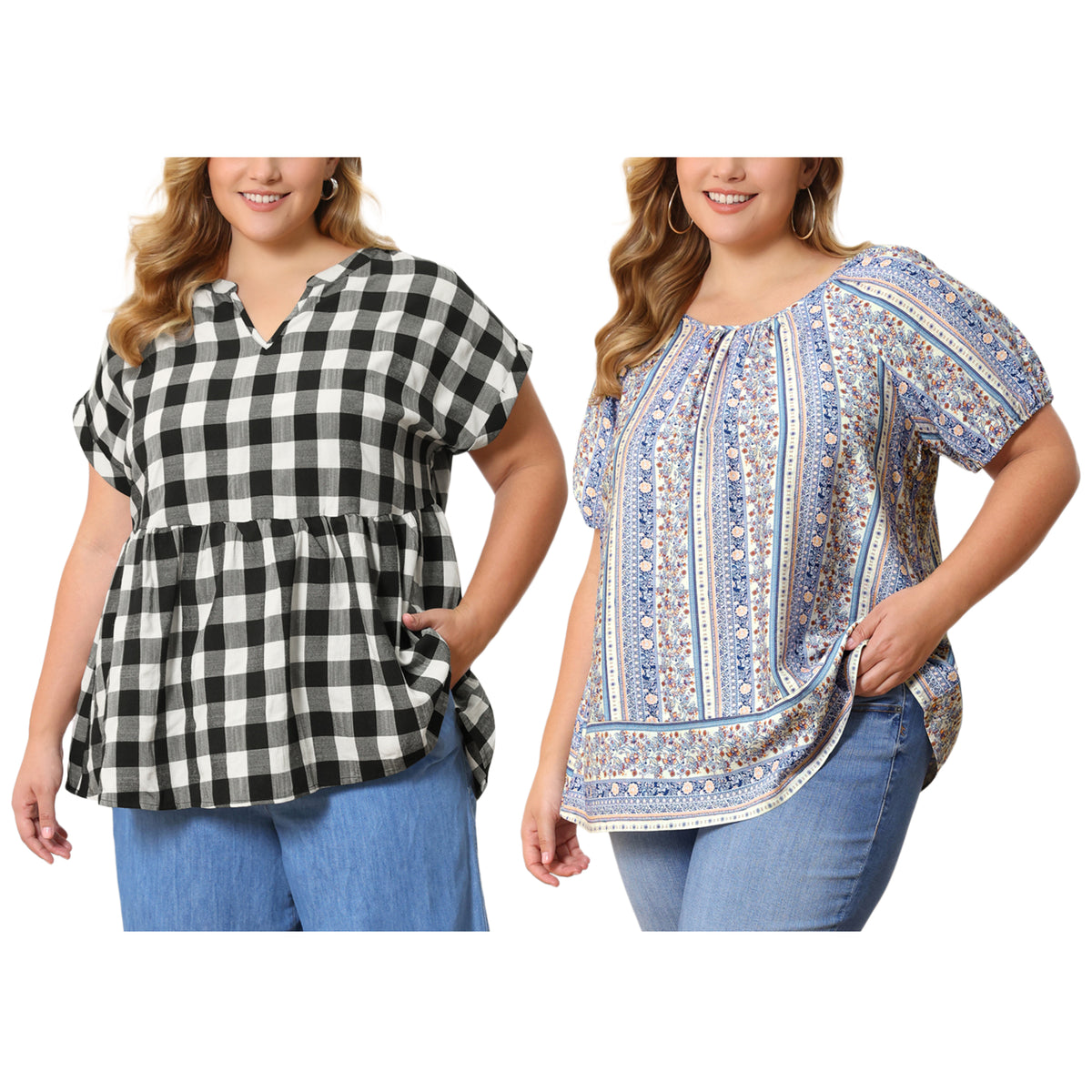 [PACK SALES] Women's Plus Size 2 Pieces Summer Tops Boho Floral Round Neck Vacation and Plaid Notched V-Neck Blouse