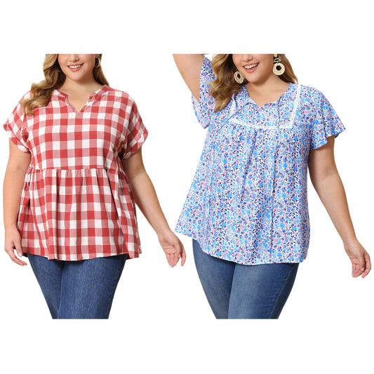 [PACK SALES] Women's Plus Size 2 Pieces Blouse Pleats and Pintucked Trim Front Tie Neck Tops Short Sleeves Summer Blouses