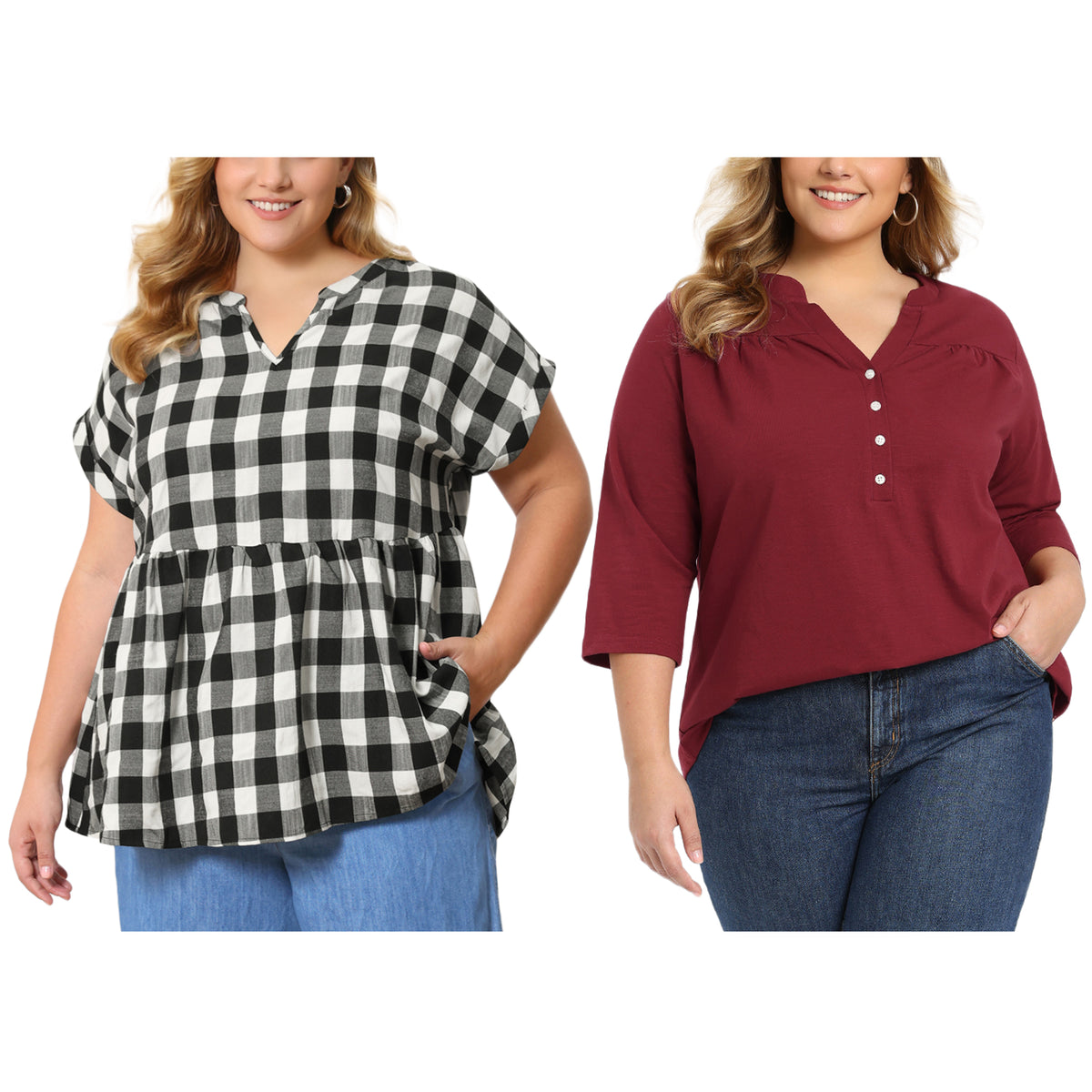 [PACK SALES] Women's Plus Size 2 Pieces Casual Tops Pleated Notch V Neck Button Front Blouses