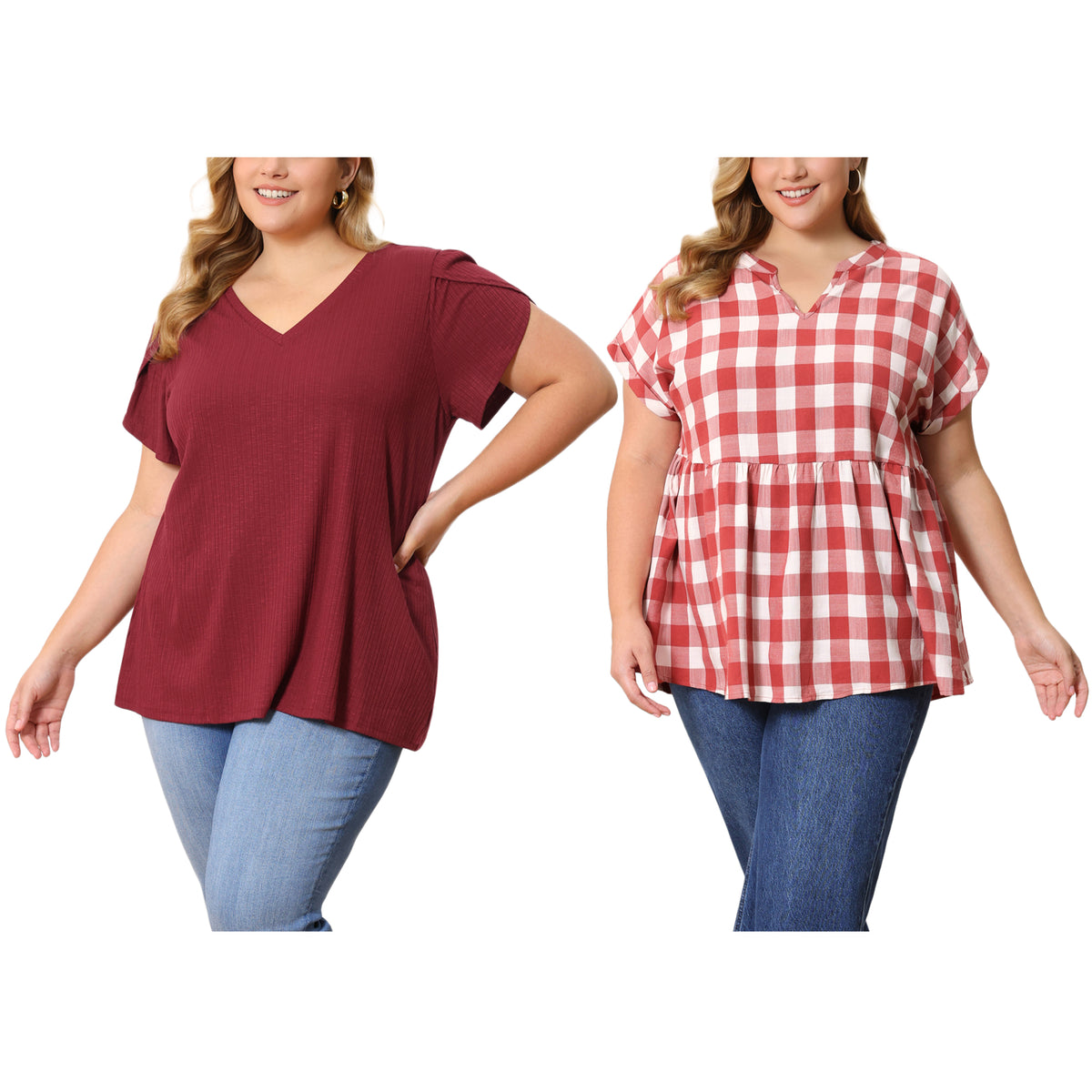 [PACK SALES] Women's Plus Size 2 Pieces Top Summer Solid V Neck Tulip Sleeve and Plaid Loose Casual Blouses