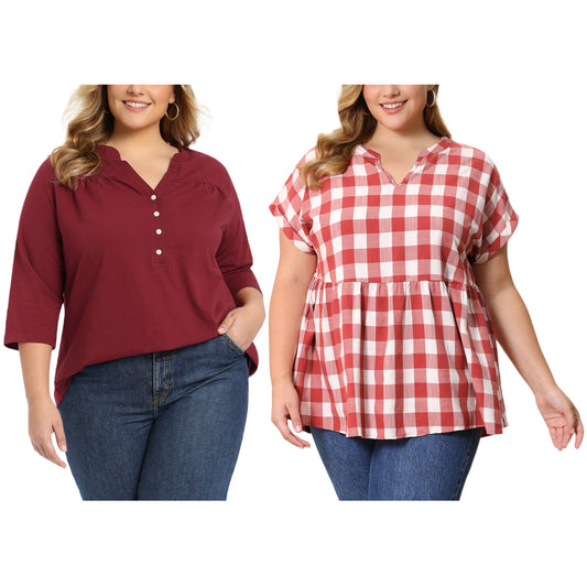 [PACK SALES] Women's Plus Size 2 Pieces Casual Tops Pleated Notch V Neck Button Front Blouses