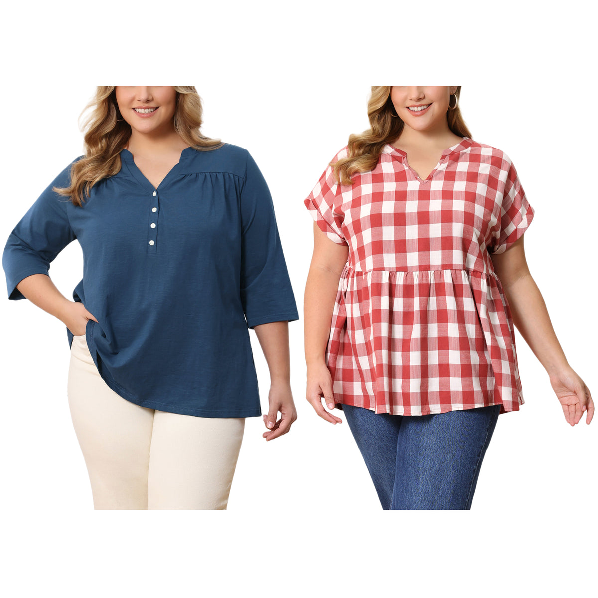 [PACK SALES] Women's Plus Size 2 Pieces Casual Tops Pleated Notch V Neck Button Front Blouses