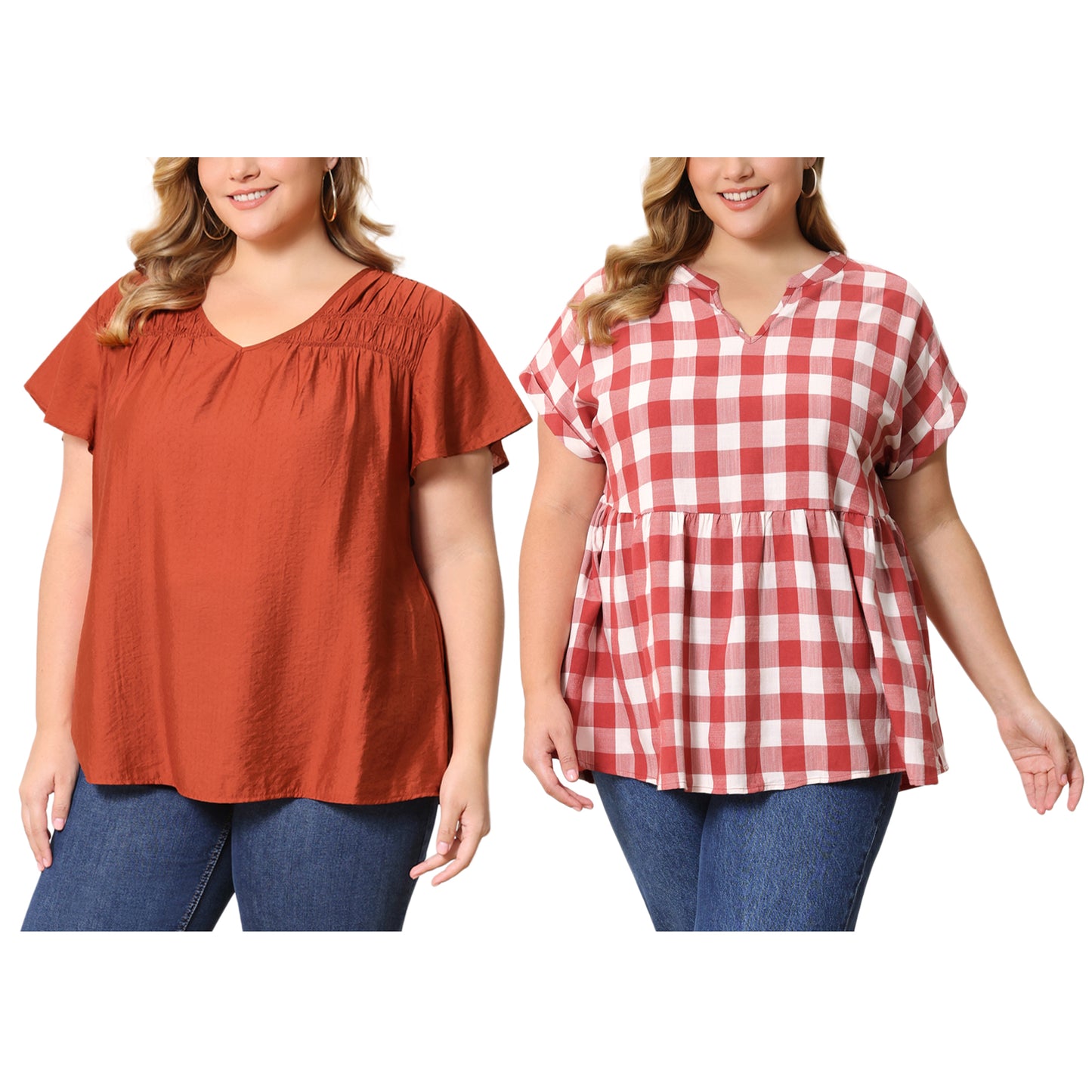 [PACK SALES] Women's Plus Size 2 Pieces Summer Tops Smocked Shoulder Plaid Jacquard Texture Short Sleeves V Neck Casual Blouse