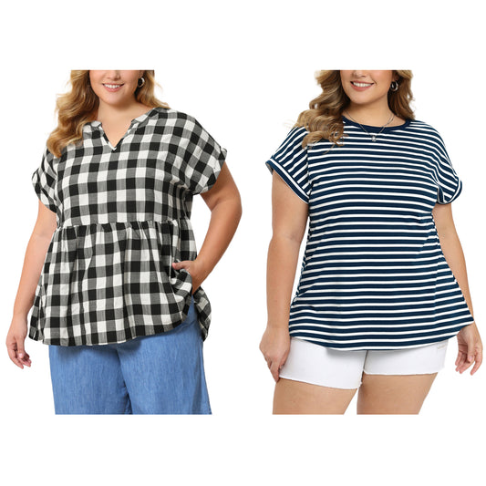 [PACK SALES] Women's Plus Size 2 Pieces Summer Tops Striped T-Shirts Plaid Casual Short Sleeve