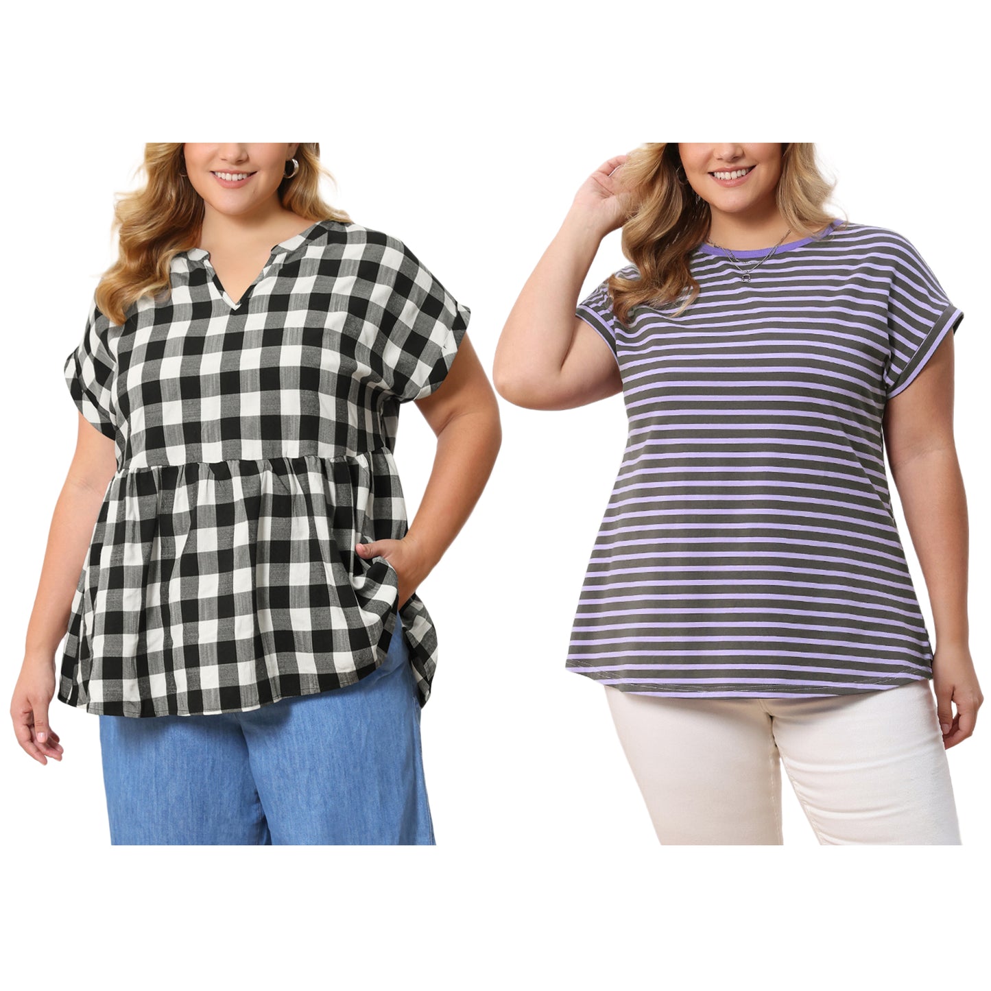 [PACK SALES] Women's Plus Size 2 Pieces Summer Tops Striped T-Shirts Plaid Casual Short Sleeve