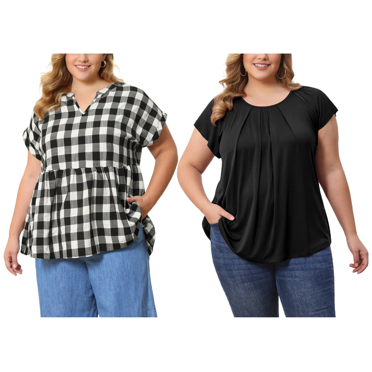 [PACK SALES] Women's Plus Size 2 Pieces Summer Curved Hem Short Sleeve Ruffled Dressy Relaxed Blouse