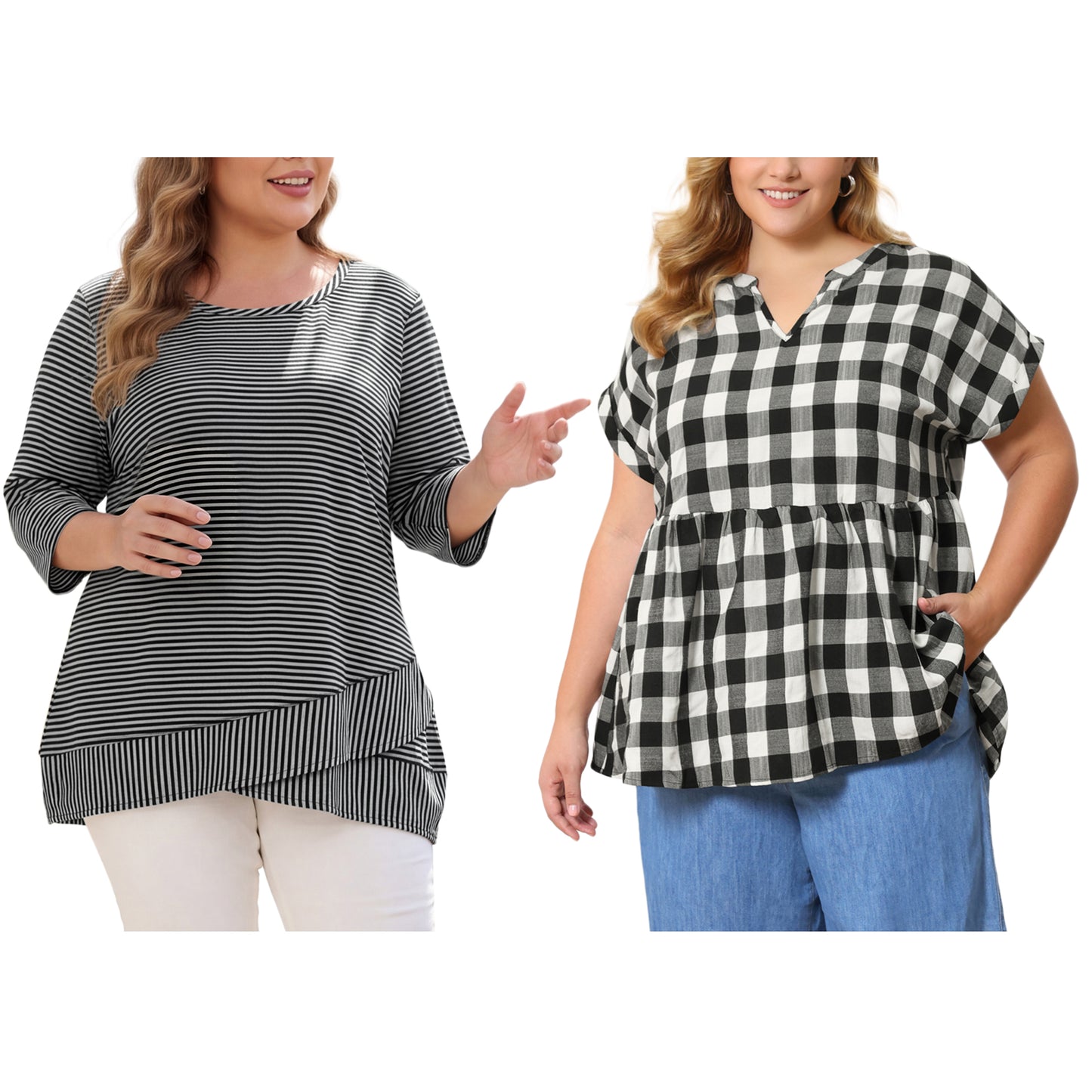 [PACK SALES] Women's Plus Size 2 Pieces Tops Striped Scoop Neck Crossover High Low Hem Loose Casual Tunic Top Plaid Blouse