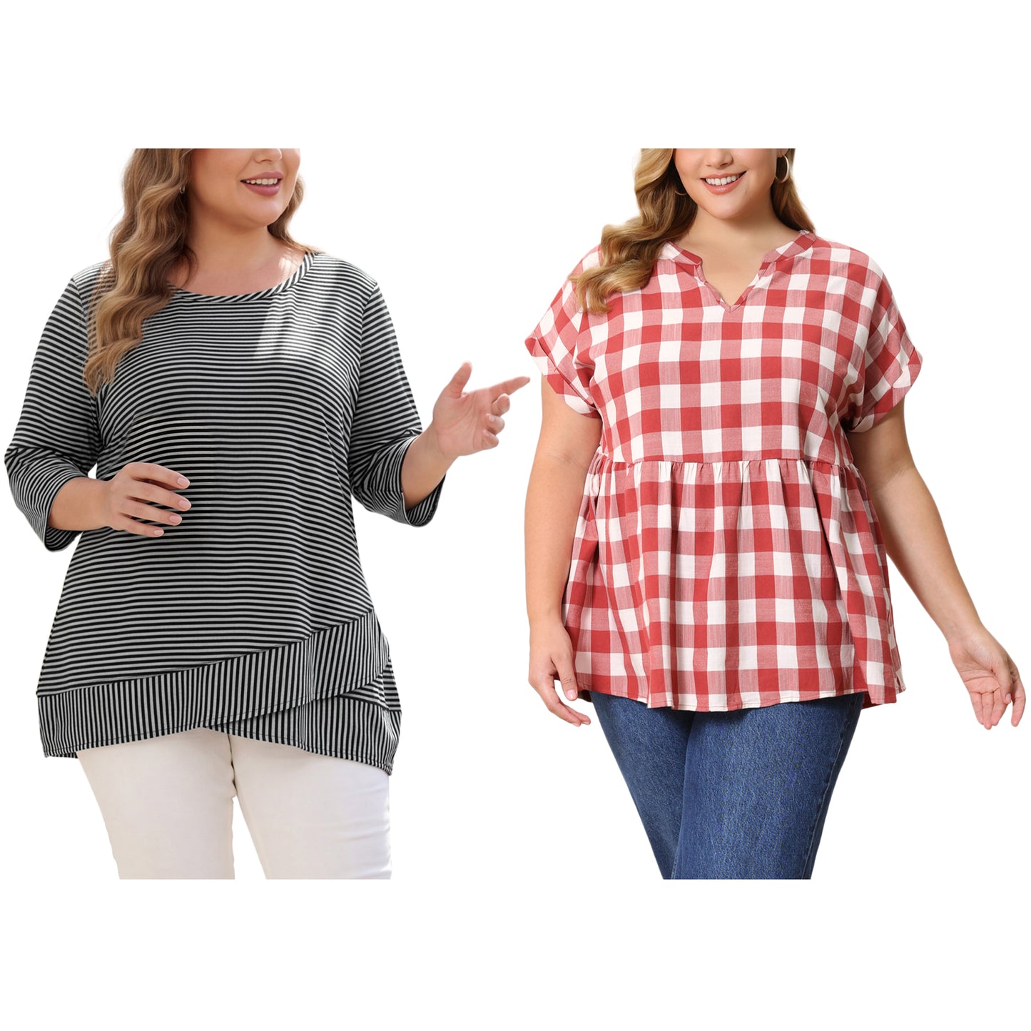 [PACK SALES] Women's Plus Size 2 Pieces Tops Striped Scoop Neck Crossover High Low Hem Loose Casual Tunic Top Plaid Blouse