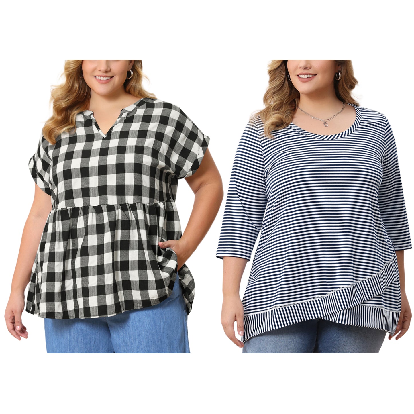 [PACK SALES] Women's Plus Size 2 Pieces Tops Striped Scoop Neck Crossover High Low Hem Loose Casual Tunic Top Plaid Blouse