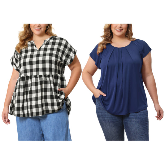[PACK SALES] Women's Plus Size 2 Pieces Summer Curved Hem Short Sleeve Ruffled Dressy Relaxed Blouse