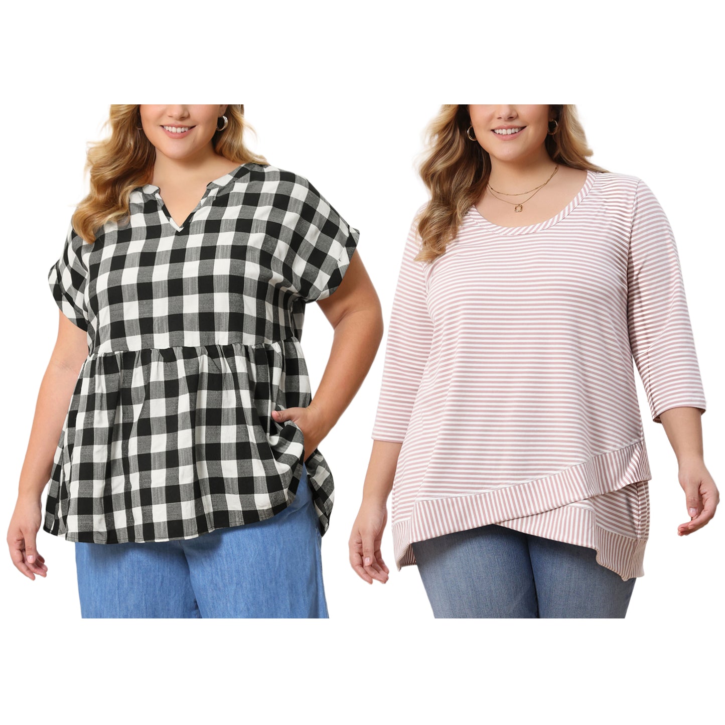 [PACK SALES] Women's Plus Size 2 Pieces Tops Striped Scoop Neck Crossover High Low Hem Loose Casual Tunic Top Plaid Blouse