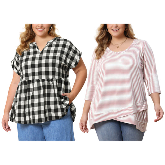 [PACK SALES] Women's Plus Size 2 Pieces Tops Striped Scoop Neck Crossover High Low Hem Loose Casual Tunic Top Plaid Blouse