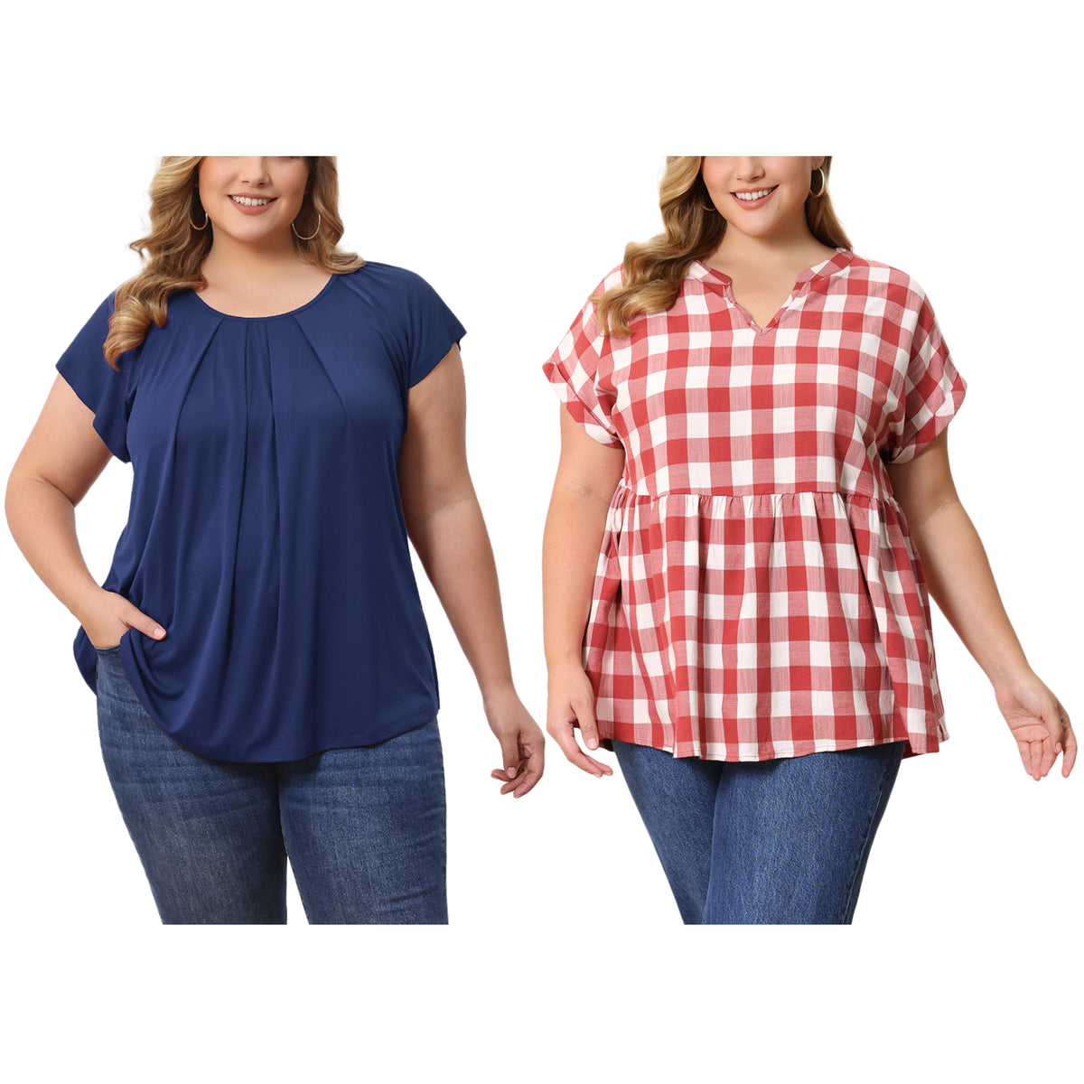[PACK SALES] Women's Plus Size 2 Pieces Summer Curved Hem Short Sleeve Ruffled Dressy Relaxed Blouse