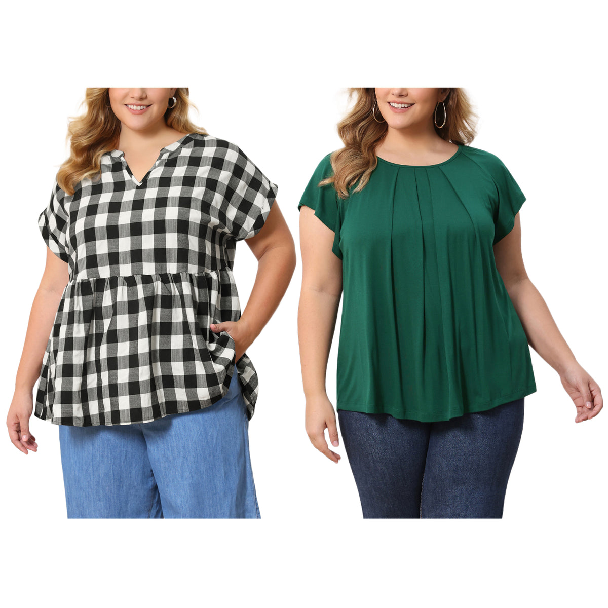 [PACK SALES] Women's Plus Size 2 Pieces Summer Curved Hem Short Sleeve Ruffled Dressy Relaxed Blouse