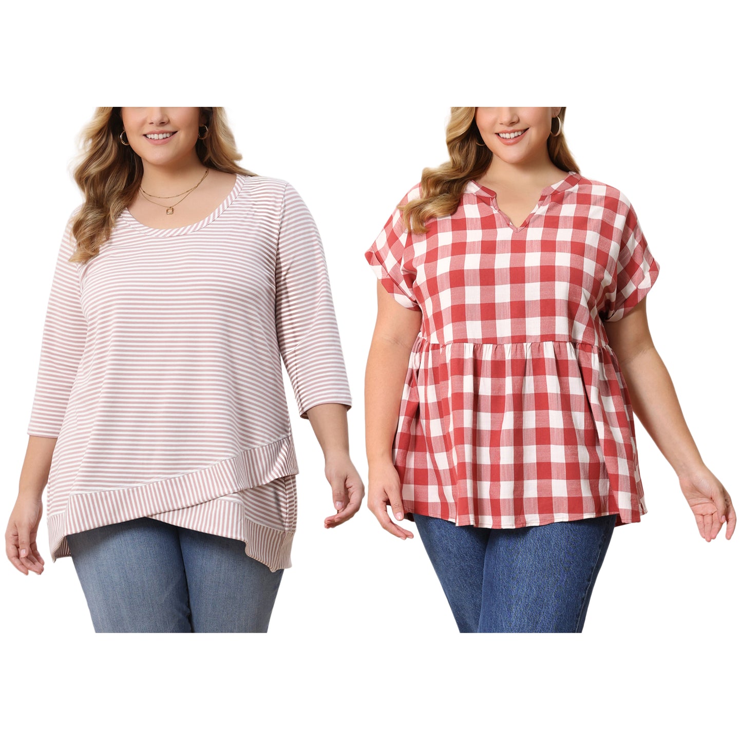 [PACK SALES] Women's Plus Size 2 Pieces Tops Striped Scoop Neck Crossover High Low Hem Loose Casual Tunic Top Plaid Blouse