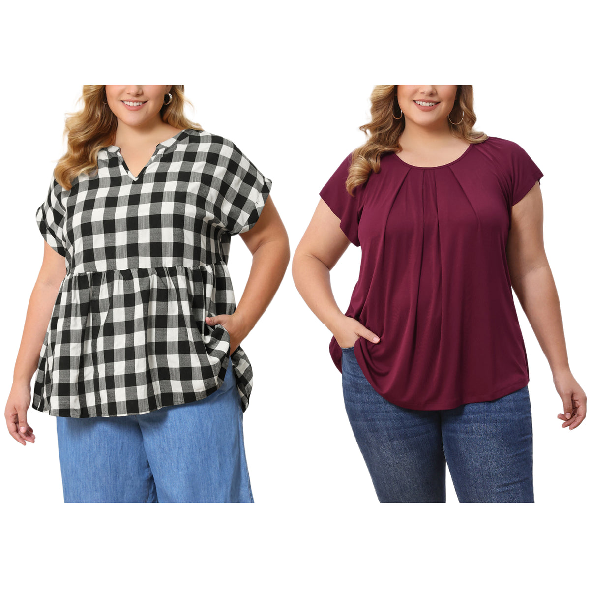 [PACK SALES] Women's Plus Size 2 Pieces Summer Curved Hem Short Sleeve Ruffled Dressy Relaxed Blouse