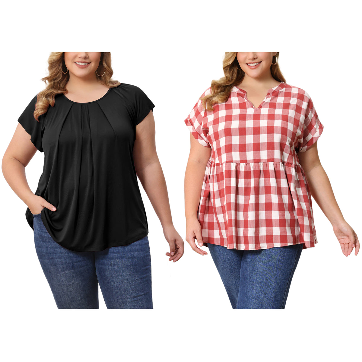 [PACK SALES] Women's Plus Size 2 Pieces Summer Curved Hem Short Sleeve Ruffled Dressy Relaxed Blouse