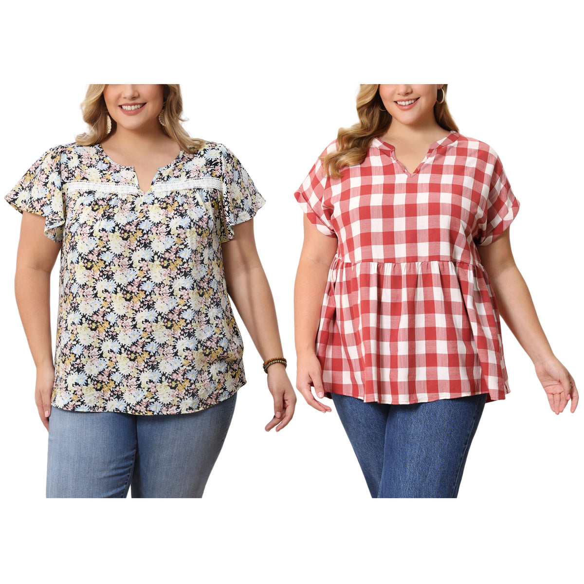 [PACK SALES] Women's Plus Size 2 Pieces Printed Blouse Notch V Neck Short Sleeves Summer Casual Tops