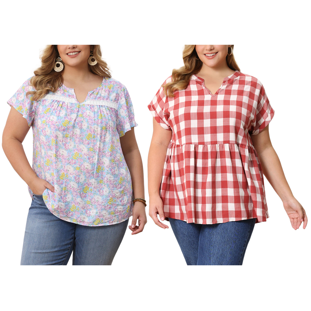[PACK SALES] Women's Plus Size 2 Pieces Printed Blouse Notch V Neck Short Sleeves Summer Casual Tops